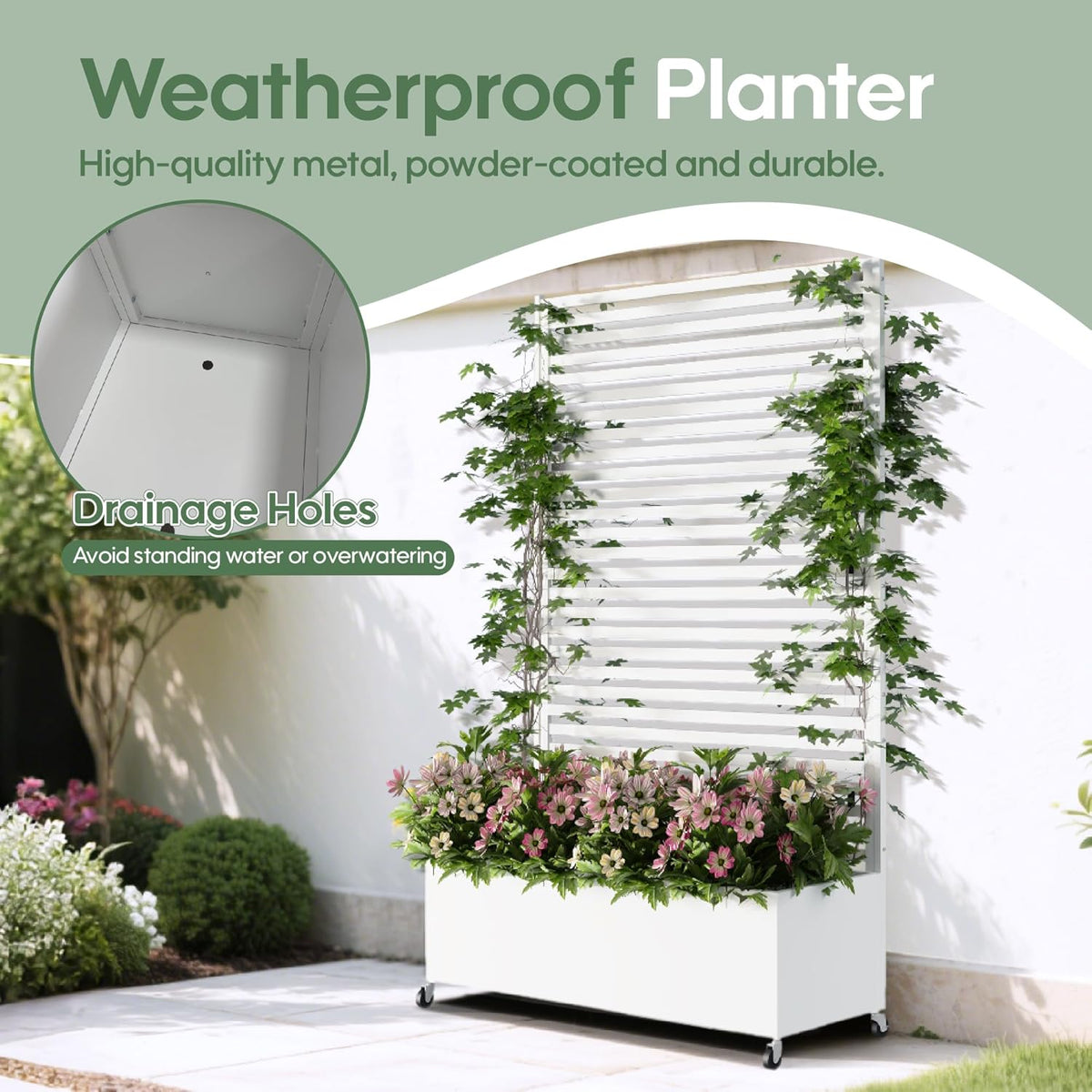 Metal Planter Box with Trellis Privacy Screen, Raised Garden Bed with Trellis & Wheels, Privacy Planters for Patio, Planter Box with Drainage Holes for Climbing Plants, Flower, 73"x 47"x 16", White