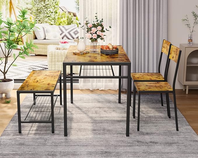 Gizoon Kitchen Table and 2 Chairs for 4 with Bench, 4 Piece Dining Table Set for Small Space, Apartment (Rustic Brown)