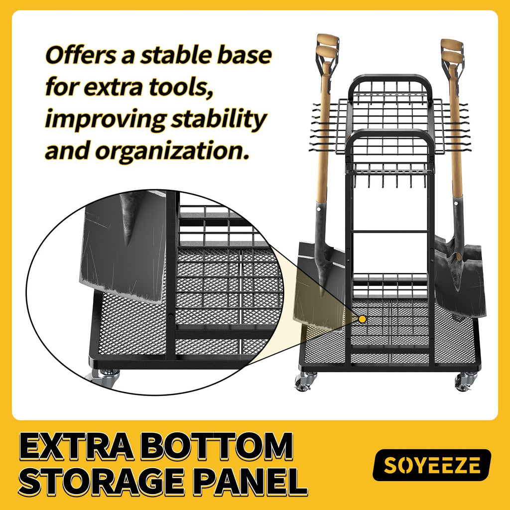 SOYEEZE Garden Tool Organizer with Lockable Wheels, Heavy Duty 3-Tier Yard Tower Tool Rack for Garage, Holds Up to 35 Long-Handled Tools, Garden Tool Cart with 12 Hooks for Tool Organization Storage