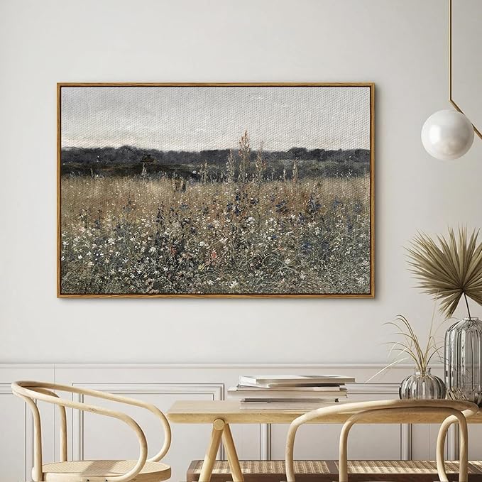 InSimSea Framed Canvas Wall Art, Landscape Art, Meadow with Flowers, Modern Farmhouse Decor, Cottagecore Bedroom Bathroom Office Decor, 24"x36"