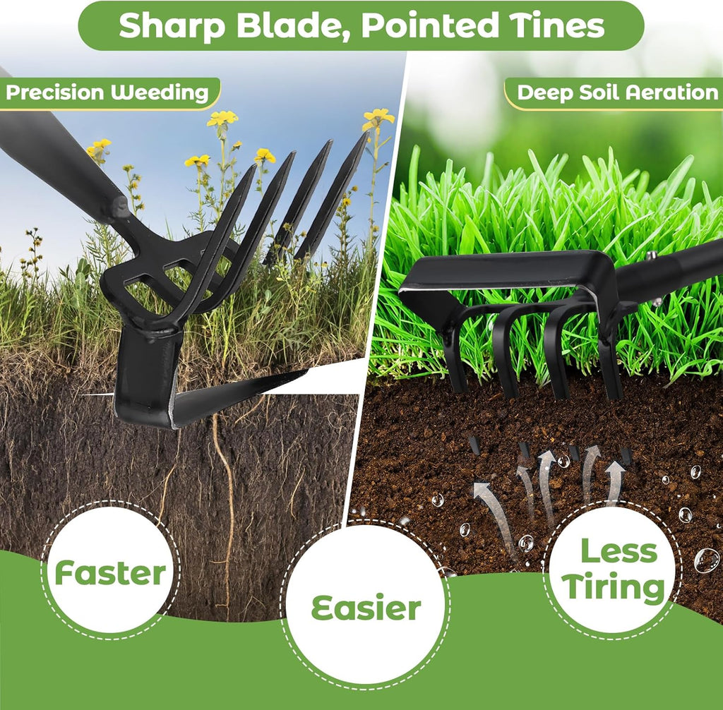 Garden Hoe,2 in 1 Heavy Duty Stirrup Hoe and Cultivator Gardening Tool Set with 62 inch Long Handle,Lightweight Hula Hoes Weeding Rake for Fast Weeds Grass Removal,Cultivating, Loosen Soil, Sharp Edge