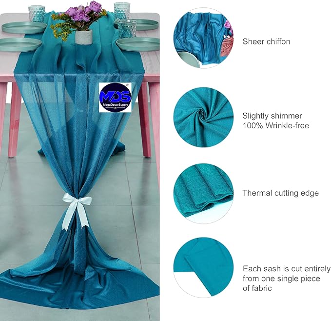 MDS 2 Pack 14ft Chiffon Table Runner 29 x 170 Inches Sheer Wedding Runner Romantic Rustic Table Runner for Wedding Decorations, Birthday Parties, Bridal Shower Party Arch Decor - Dark Teal