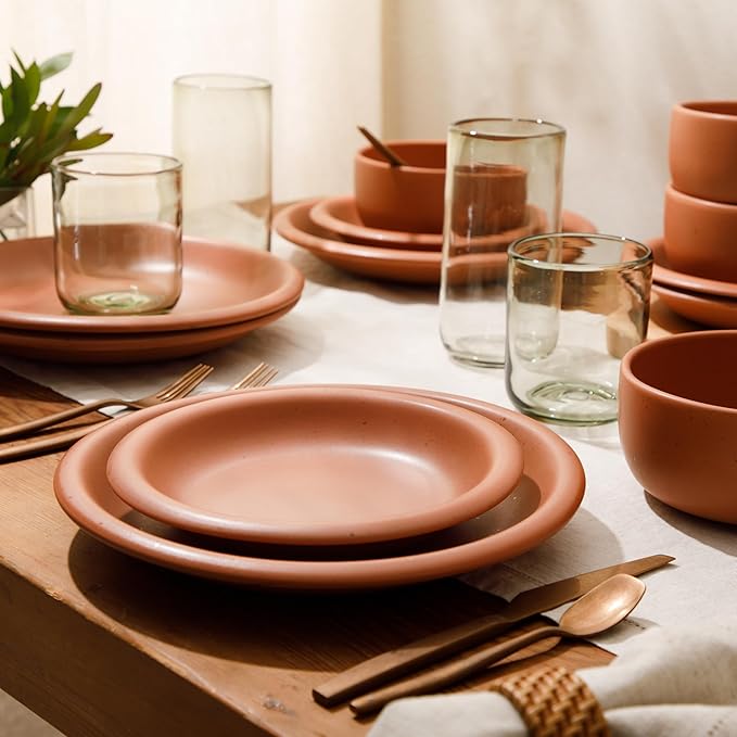 Bloomhouse Corsica Clay 12 Piece Stoneware Rustic Reactive Glaze Dinnerware Set - Stackable Plates and Bowls Set. Service for 4 - Matte Burnt Apricot Terracotta