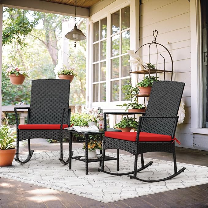 Flamaker Rocking Chair Outdoor PE Rattan Patio Chairs with Glass Table High Back Porch Rocker for Balcony, Garden, Backyard (Red)