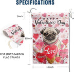 Pug Valentine Garden Flag Valentines Day Flags for Outside 12x18 Double Sided Small Yard Flags Dog Valentine's Day Decor Outdoor Lawn Valentines Banner