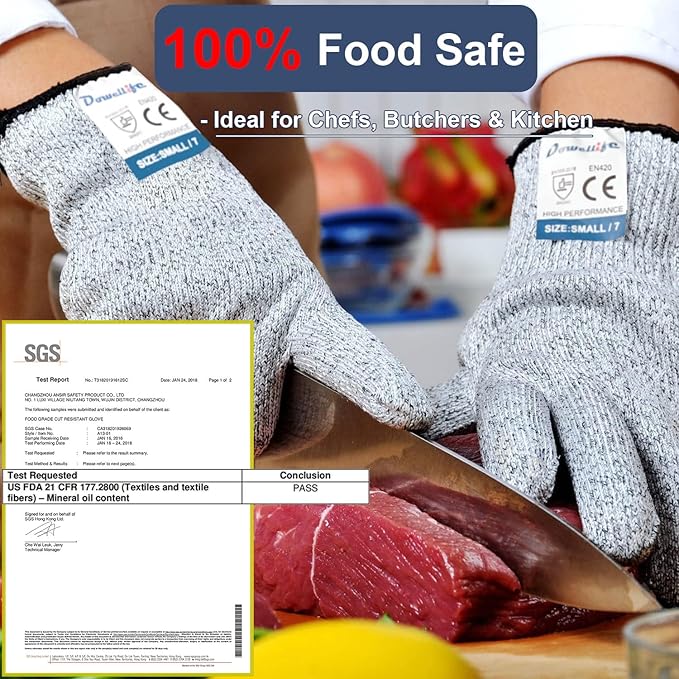 Dowellife Cut Resistant Gloves Food Grade Level 5 Protection, Safety Kitchen Cut Gloves for Chef Oyster Shucking Mandolin Knife Butcher Meat Cutting