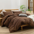 BESTOUCH Duvet Cover Set 100% Washed Cotton Linen Feel Super Soft Comfortable Chic Lightweight 3 PCs Home Bedding Set Solid Cocoa Brown Queen
