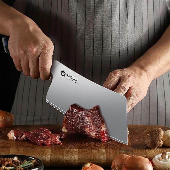 FINTISO Cleaver Knife 7 In, Kitchen Butcher Knife with G10 Ergonomic Handle, High Carbon Steel Vegetable Meat Cleaver, Heavy Duty Bone Chopper for Home and Restaurant