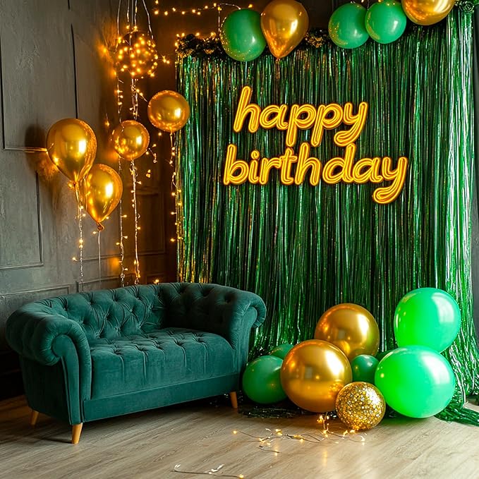 PartyWoo Green Streamers Backdrop 3pcs Green Tinsel Foil Fringe Streamer Curtains 8.2 FT Curtains Photo Backdrop for Graduation Birthday Dinosaur Jungle Golf Football Theme Party Decorations
