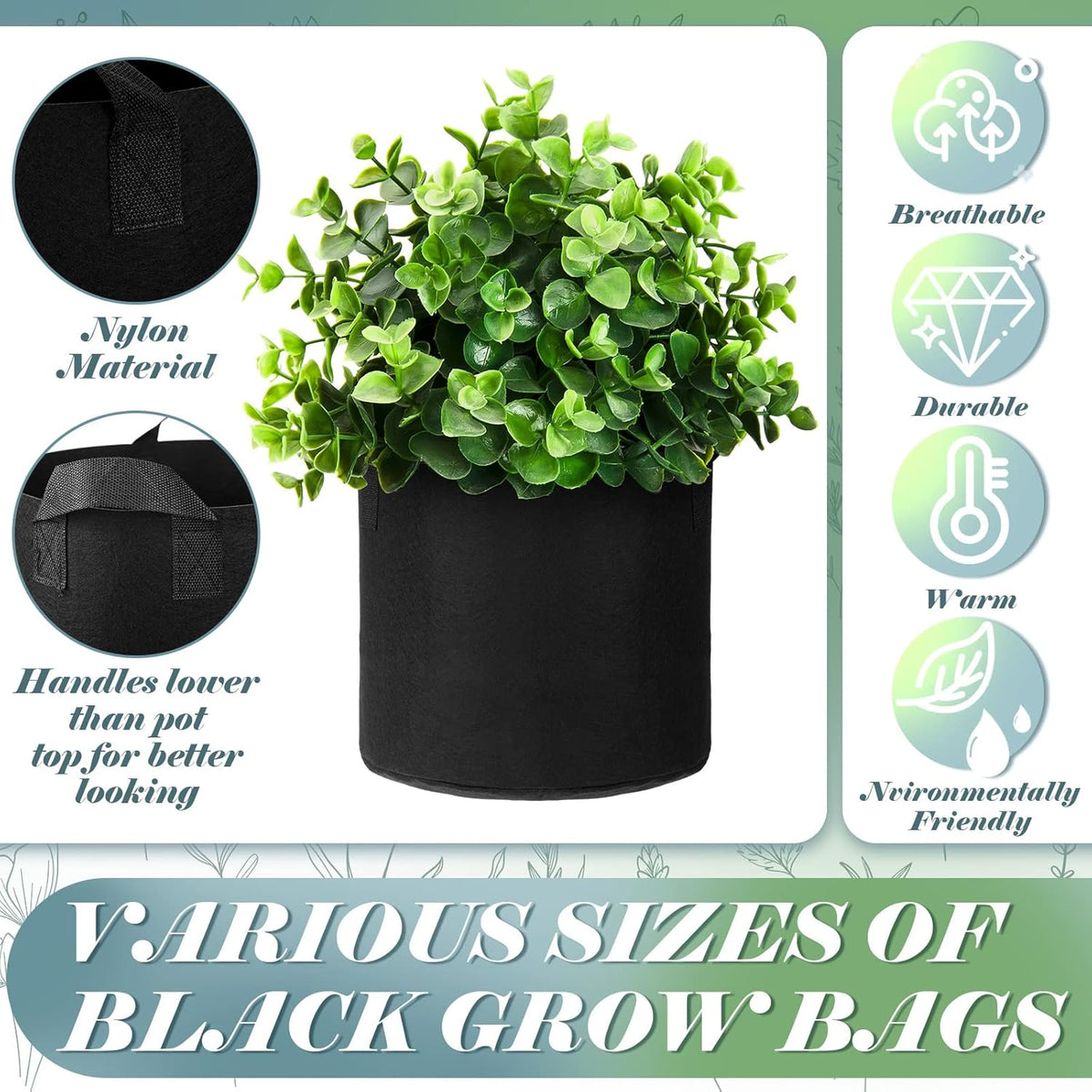 Hoolerry 7 Pack Black Plant Grow Bags Thickened Non Woven Grow Bags in 4 Sizes 10, 7, 5 and 3 Gallons Aeration Fabric Pots with Handles