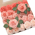Floroom Artificial Flowers 25pcs Real Looking Coral Ombre Colors Foam Fake Roses with Stems for DIY Wedding Bouquets Bridal Shower Centerpieces Floral Arrangements Party Tables Home Decorations