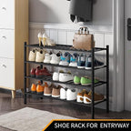 Long Shoe Rack, 4-Tier Bamboo Stackable Shoe Shelf Storage Organizer, Shoe Stand for Closet, Entryway and Hallway(Black)