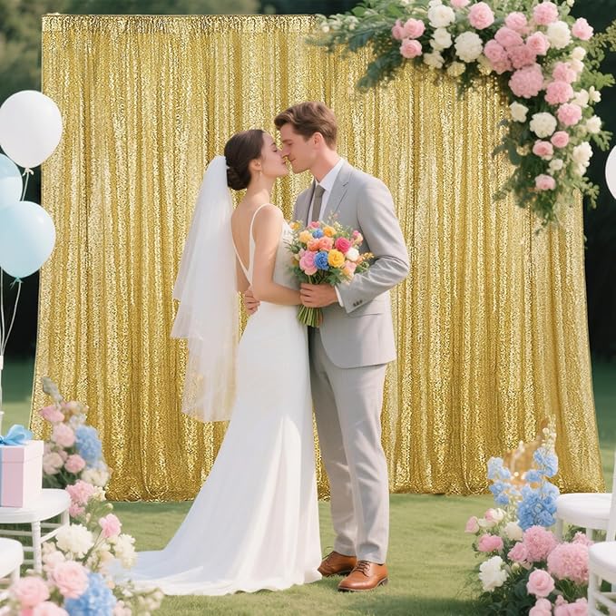 Gold Sequin Backdrop Curtain 2 Panels 2FTx8FT Glitter Photography Backdrop for Party Wedding Birthday Christmas Decorations