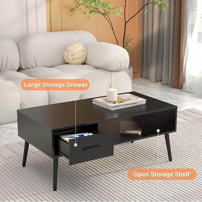 HAIOOU Coffee Table, Mid Century Modern Style Cocktail Table TV Stand with Drawer, Open Storage Shelf, Stable Floor-Anti-Scratching Pine Leg for Home, Office, Living Room - Black