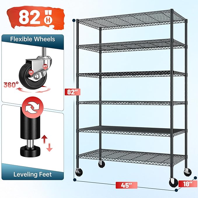82" H X45 W X18 D Storage Shelves with Wheels, 6 Tier Wire Shelving Adjustable Metal Shelving Pantry Shelves Capacity 1200LBS for Garage Shelving, Pantry, Kitchen, Closet, Black