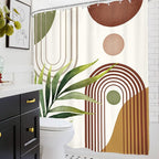 Glawry Green Brown Boho Shower Curtain Abstract Mid Century Plant Tropical Leaves Modern Geometric Bathroom Minimalist Arch Curve 60Wx72L Inches Bath Accessories Art Home Decor Fabric 12 Pack Hooks