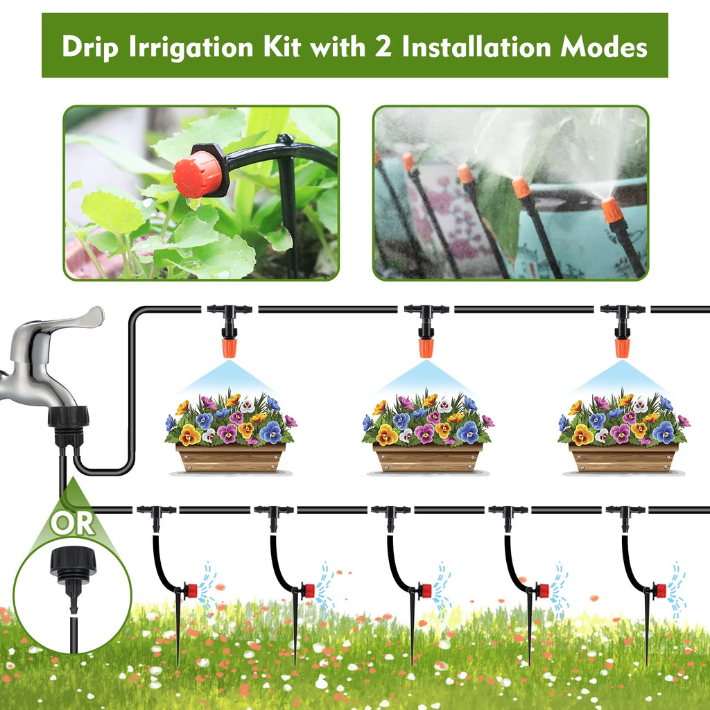 Flantor Drip Irrigation Kit, Drip Irrigation System for Garden with 1/4" Irrigation Tubing DIY Saving Water Automatic Watering System for Garden, Greenhouse, Flower Bed, Patio, Lawn