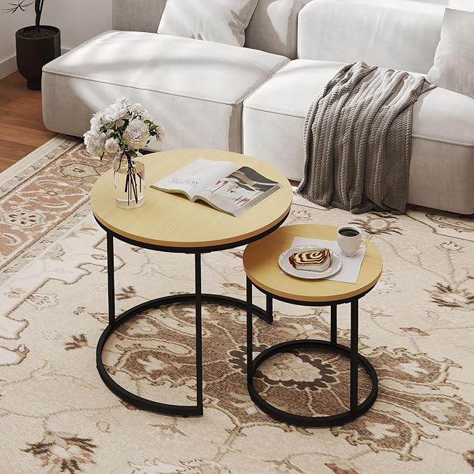 Nesting Tables Set of 2, Round Coffee Table, Small Nesting Coffee Table with Adjustable Non-Slip Fee, Wood Grain Top Nesting Tables for Living Room, Bedroom (Wood Grain Light Brown)