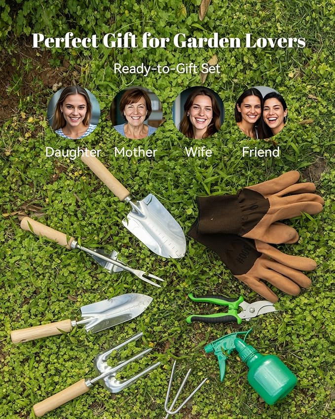 VerdantVibes 9-Piece Garden Tool Set - Heavy Duty Gardening Hand Tools with Ergonomic Non-Slip Grips, Rust-Resistant Shovel, Trowel, Rake, Pruner & Storage Bag - Ideal Gardening Gifts for Women
