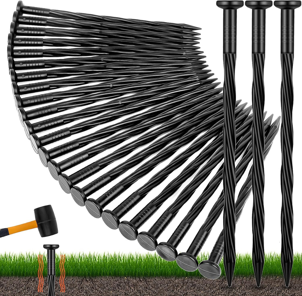 100 Count Plastic Landscape Edging Anchoring Stakes 8-Inch Garden Lawn Yard Landscaping Spikes for Paver Edging, Weed Barrier, Tent, Artificial Turf & More Black-100pcs