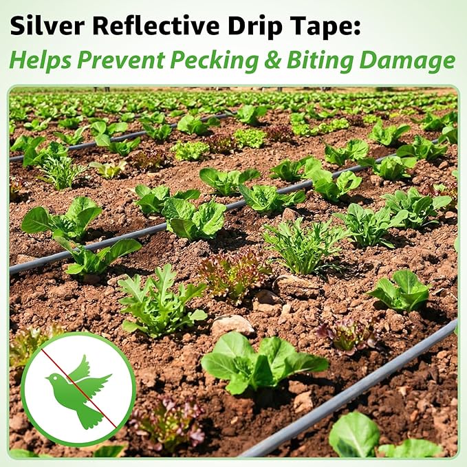 500FT 5/8" Drip Tape Irrigation, 16 Mil Heavy Duty with 6" Emitter Spacing, Silver Reflective Drip Tape Resistant to Pecking & Biting, Heat-Safe for Seedlings, Ideal for Garden Farm Greenhouse Patio