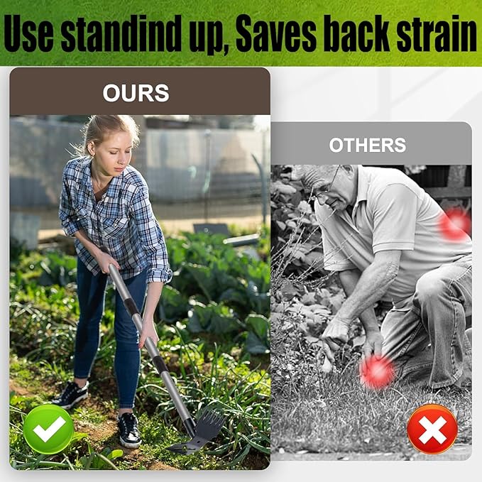 Weed Puller Tool with Long Handle, 60'' Weed Remover Weeding Tool, 2 in 1 Hand Weed Rake and Garden Hoe for Gardening, Uprooting Weeding Tool for Yard, Lawn, Patio, Garden