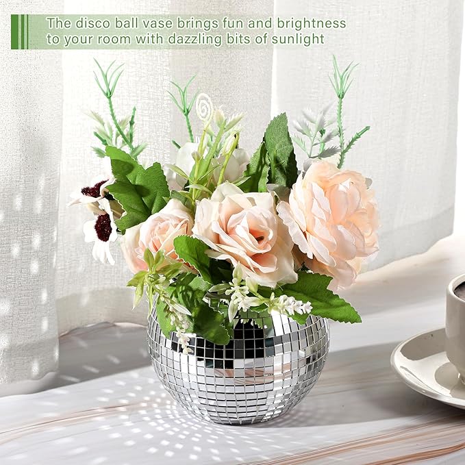 Jinei 24 Pcs Disco Vases Bulk Silver Mirror Disco Ball Flower Glass Ball Planter Candle Holder Glass Vase for Wedding Table Centerpieces Bedroom Office Birthday Decoration (3" X 4")