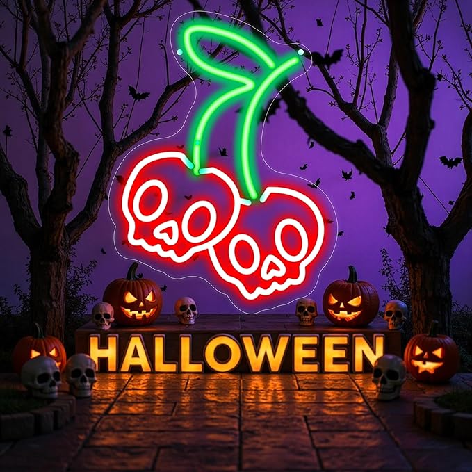 Halloween Cherry Skull Neon Sign, Gothic Neon Sign, Halloween Skull Lover Gifts, Skull Room Wall Decor for Man Cave Beer Bar Club Game Room Halloween Party Decor Gifts-Large-17.72IN