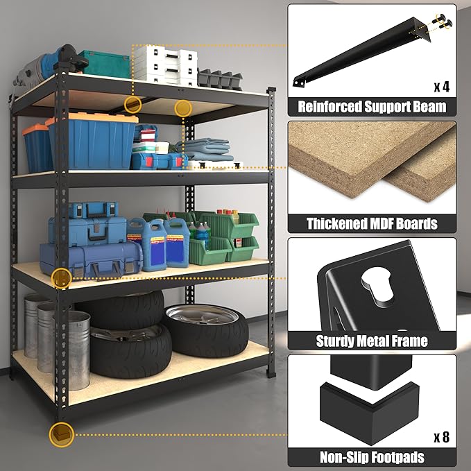 PrimeZone 40" W x 20" D x 59" H Heavy Duty Storage Shelves, 4 Tier Adjustable Garage Shelving Unit, Metal Organizer Shelf Utility Rack for Warehouse Pantry Closet Kitchen, Black