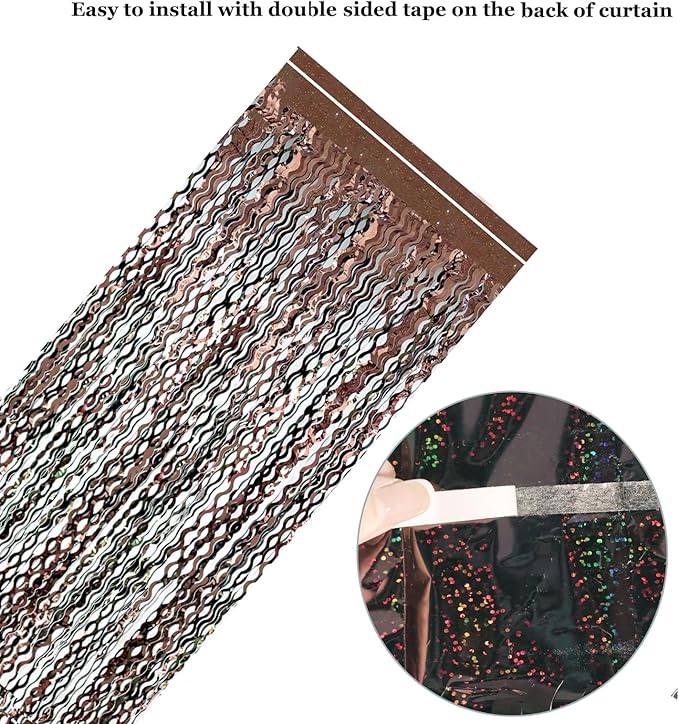 4Pcs Brown Metallic Wavy Tinsel Curtains - 3.3x6.6 ft Foil Curtain Backdrop for Birthday Party, Halloween Decor