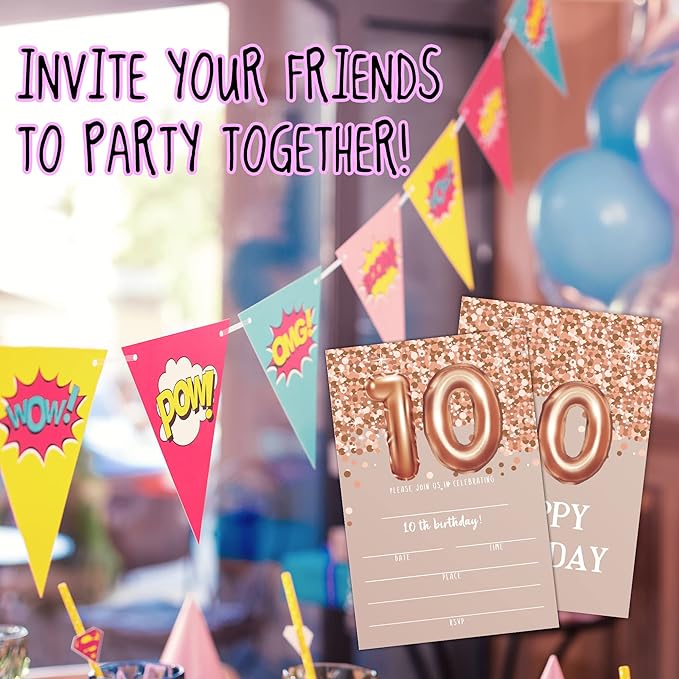 10th Birthday Invitation Cards, Rose Gold Glitter 10th Birthday Party Invites, Kids Happy Birthday Party Decorations Supplies, 20 Fill-in Cards with Envelopes for Boys or Girls Party Celebration-C02