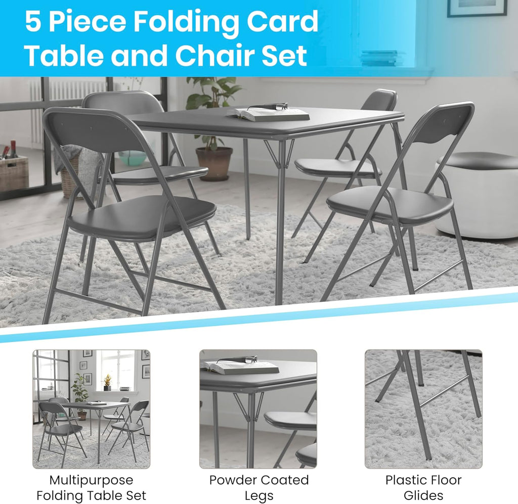 EMMA + OLIVER Gray Square Folding Card Table and Chairs Set for 4 Players | Lightweight, Easy Storage, Padded Top