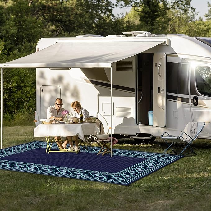GENIMO Outdoor Rug Waterproof 5'x8' for Patio, Foldable Reversible Plastic Straw Carpet for Travel Trailers, Outside Area Mat for Rv, Deck, Picnic, Porch, Balcony, Beach, Navy Blue & Jade Green