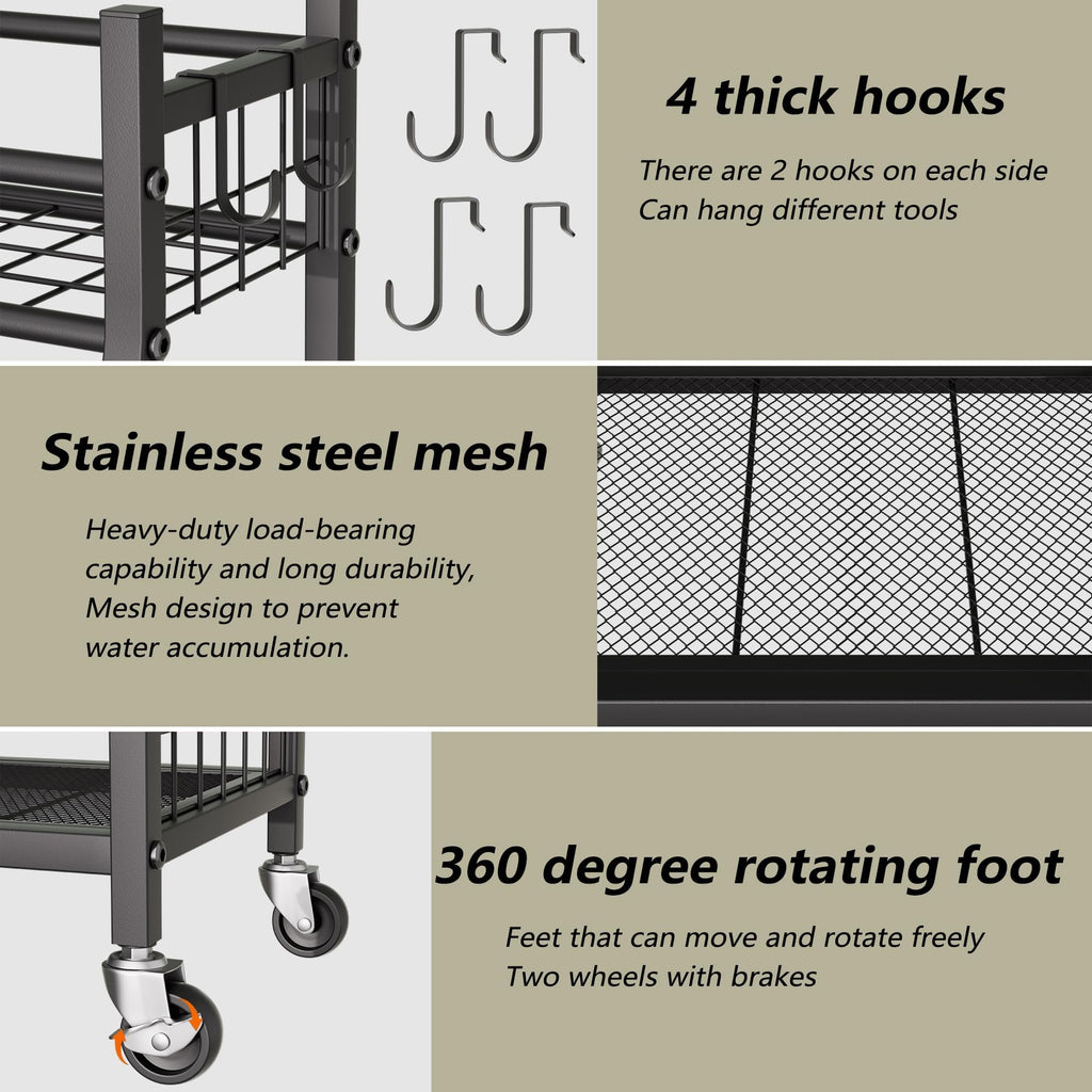 Garden Tool Organizer with Wheels for Garage and Shed, Spacious Tool Storage, Multi-Tier Design with Side Hooks for Rakes, Shovels, Brooms, and Yard Tools Rolling Cart