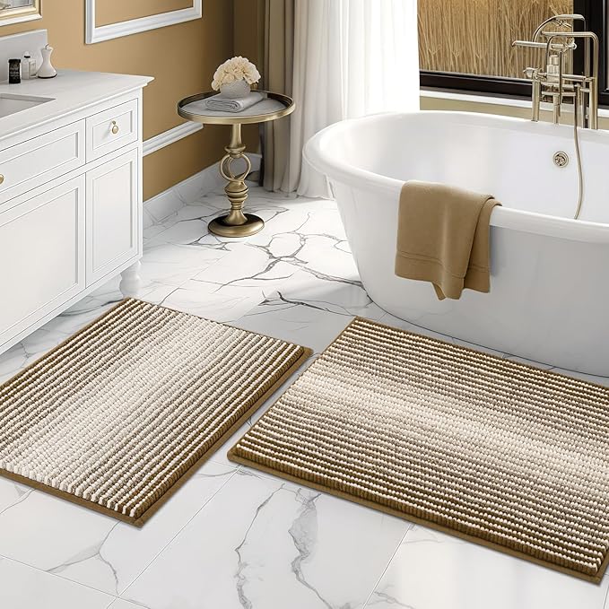 BSICPRO Bathroom Rugs and Mats Sets, 2 Piece Thick Absorbent Chenille Non Slip, Soft Shaggy Bath Room Floor Mats for Bathroom, Machine Washable (Petrified Oak, 20" x 32" Plus 16" x 24")
