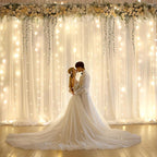10x10ft Ivory Chiffon Backdrop Curtain with Lights String for Wedding Parites, Sheer Photo Backdrop Curtains for Baby Shower Bridal Shower Birthday Party Ceremony Reception