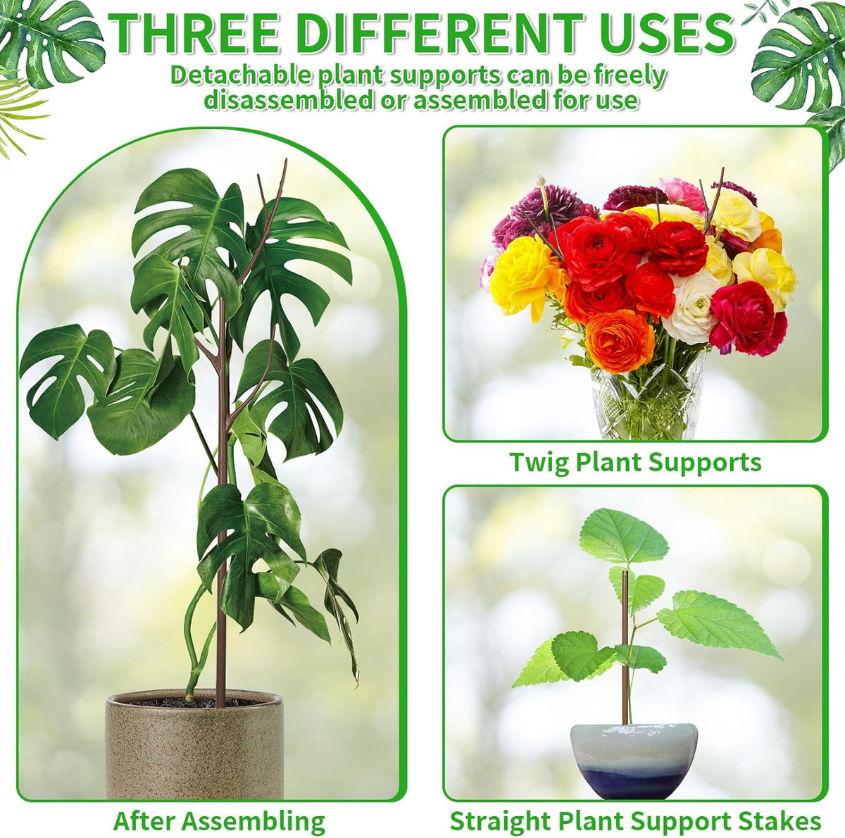 4 Pack 27.56" Detachable Twig Plant Support Stakes Set, Blends in to Plant, Branch Plant Sticks with Orchid Clips Twist Plant Ties, Twig Trellis for Indoor Outdoor Plants Potted Plants Flower