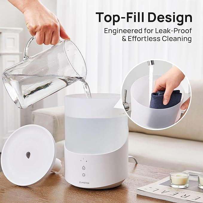 Humidifier for Bedroom, 2.5L Cool Mist Humidifier with Essential Oils Diffuser and Nightlight, Top Fill Humidifiers for Home, Auto Shut-off