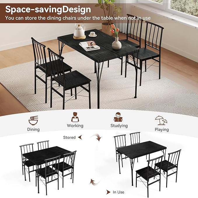 Kitchen Dining Table Set for 4, 5-Piece Kitchen Table Set with 1.6“ Thick Tabletop,Dining Room Table Sets,Kitchen Table Set with 4 Chairs for Small Space, Dinette,Apartment,Retro Black