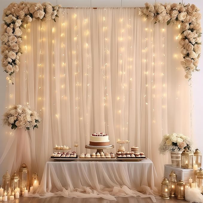 10×10ft Champagne Tulle Backdrop Curtain with Lights String for Parites, Sheer Photo Curtain Backdrop Drapes for Wedding Party Photography Backgrounds