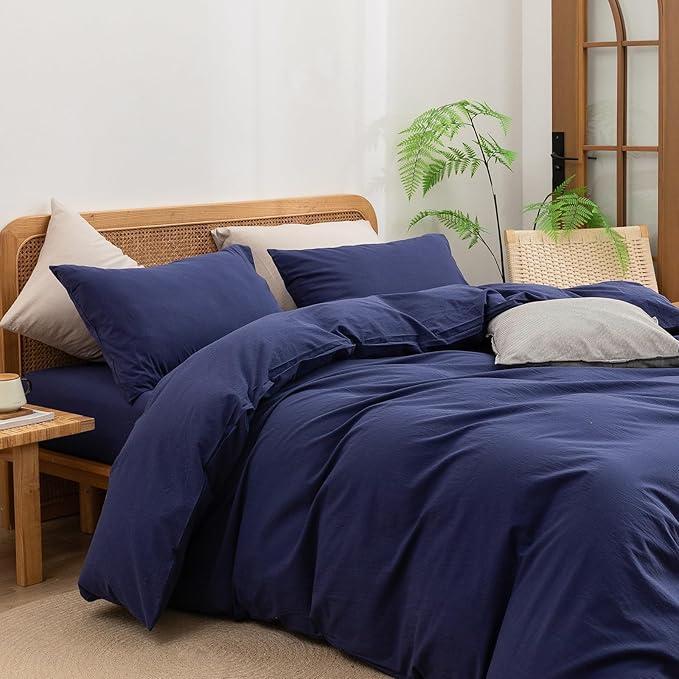BESTOUCH Duvet Cover Set 100% Washed Cotton Linen Feel Super Soft Comfortable Chic Lightweight 3 PCs Home Bedding Set Solid Navy Blue Super King