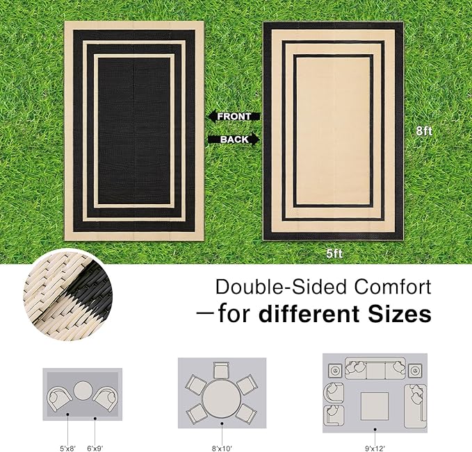 OLANLY Outdoor Rug 5x8 ft Waterproof, Reversible Outdoor Plastic Straw Rug, RV Mat, Indoor Outdoor Carpet Clearance for Patio, Camping, Balcony, Deck, Backyard, Black & Beige