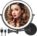 Rechargeable Wall Mounted Lighted Makeup Vanity Mirror 9 Inch Double Sided 1X 10X Magnifying Bathroom Mirror, 3 Color Lighting, Touch Screen Dimming, 360 Rotation Shaving Mirror Matte Black