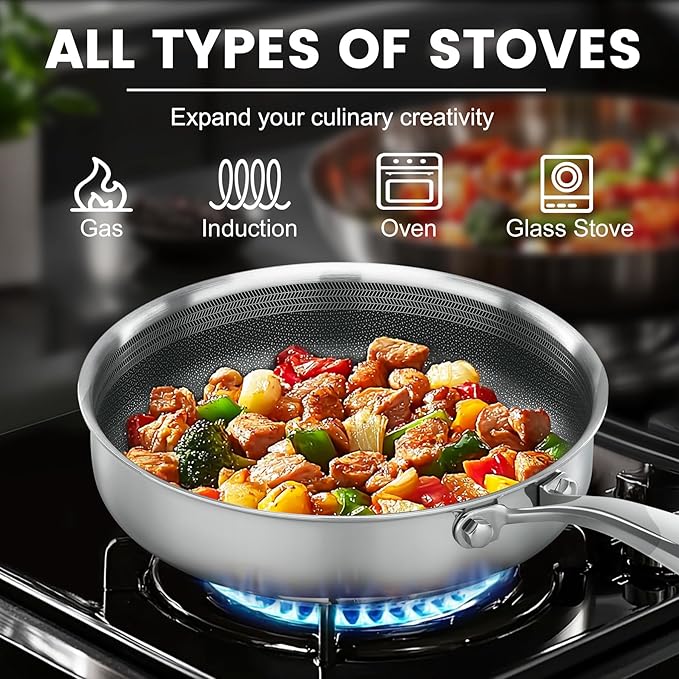 Non Stick Frying Pans,Hybrid Frying Pan with Lid,Non Toxic Frying Pans Nonstick,Stainless Steel Skillet,Dishwasher and Oven-Safe,Compatible with All Cooktops,Induction,9.5 in
