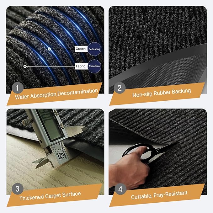 Outdoor Entry Rubber Rug, 6'x2' Commercial Heavy Duty Rubber Large Exterior Door Mat, Industrial Non-Slip Waterproof Welcome Floor Mats for Garage, Kitchen, Patio, Black 72" x 24"