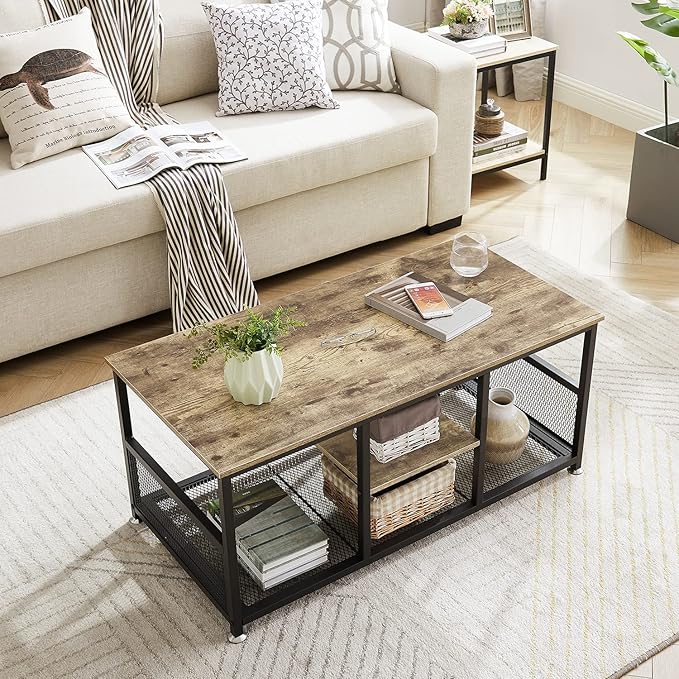 VECELO Coffee Center Table with Storage for Living Room Office Reception, Industrial Mesh Shelf, 39.4 Inch, Grey