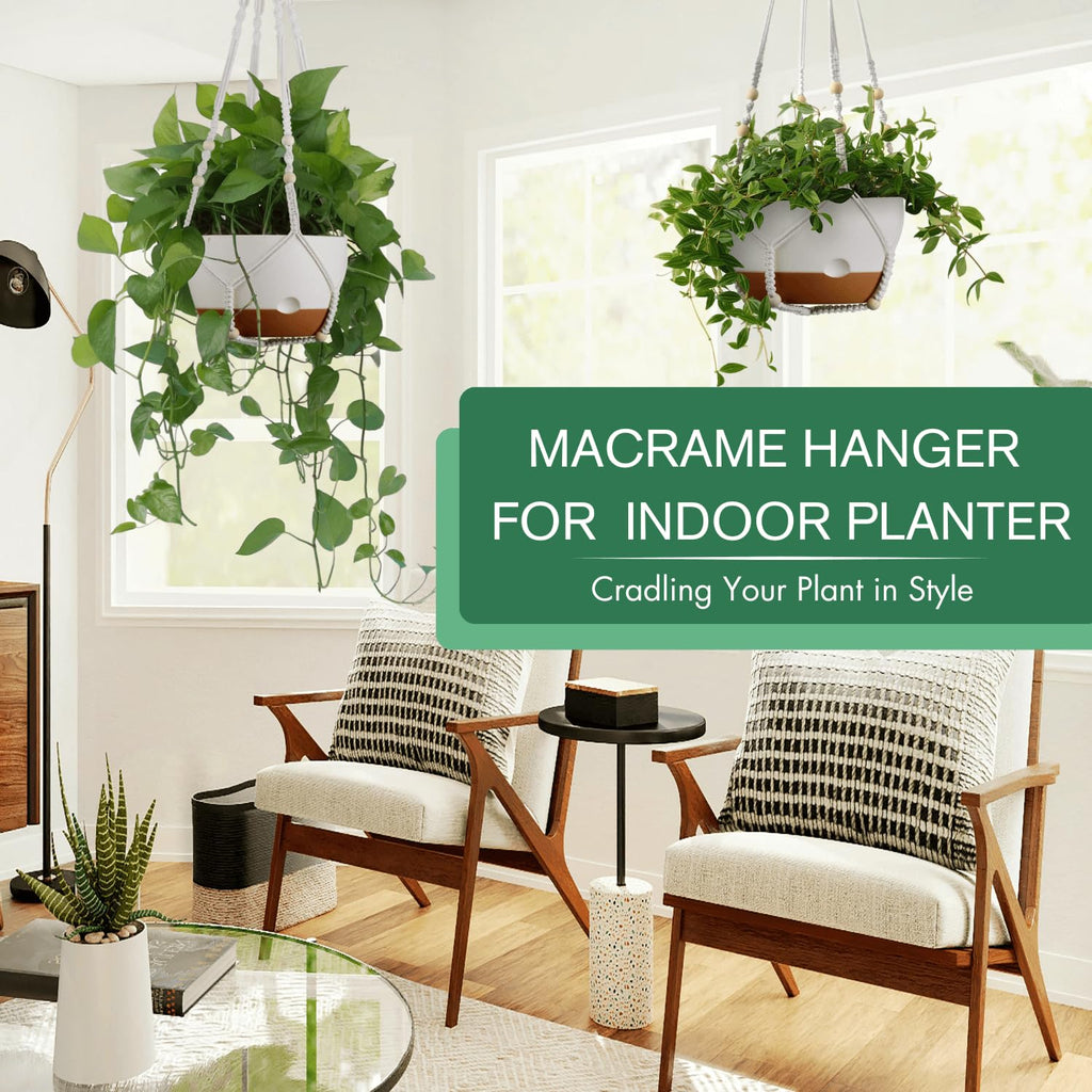 Set of 2-10 Inch Hanging Planters for Indoor Plants with Self-Watering Includes Hanging Pots for Plants, Outdoor Hanging Plant Pot with Drainage, and 2 Types of Hanging Baskets Hangers (White, 10inch)