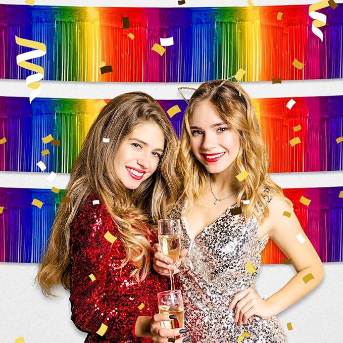 3 Pack 10 Feet Dark Rainbow Foil Fringe Garland Metallic Tinsel Streamers Banner Wall Hanging Curtain Backdrop for Parade Floats, Christmas, Valentine's Day, Thanksgiving, Birthday Party Decorations