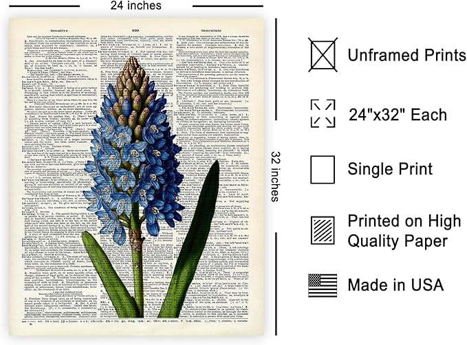 Poster Master Dictionary Art Poster - Blue Hyacinth Print - Flower Art - Floral Art - Gift for Men, Women & Florist - Minimal Decor for Bedroom, Office, Dorm or Flower Shop, 24x32 Unframed Wall Art