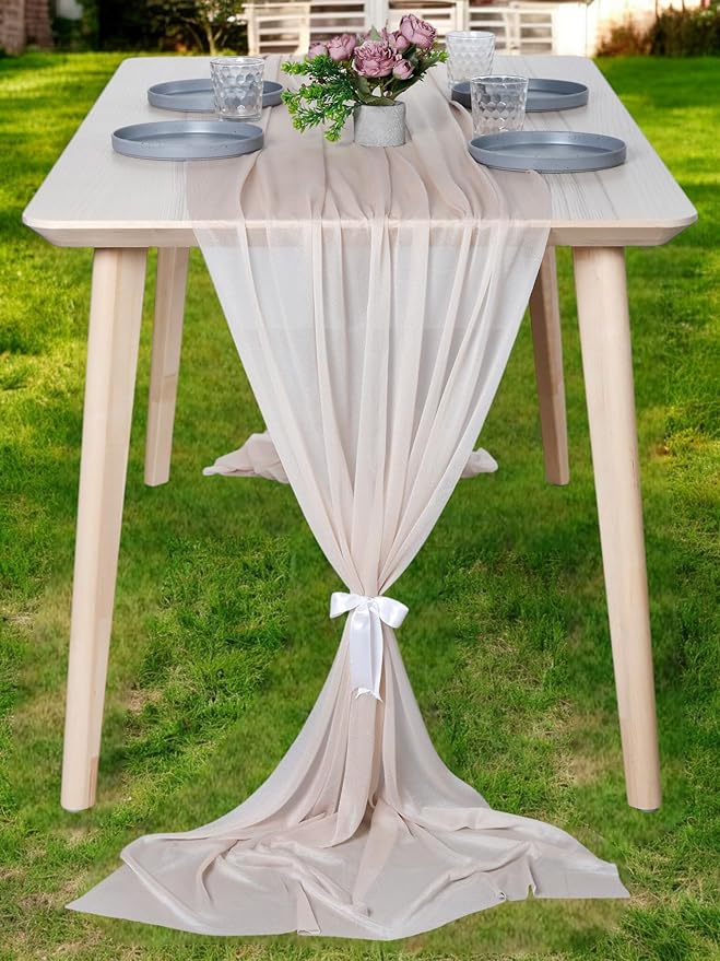 MDS 2 Pack 14ft Chiffon Table Runner 29 x 170 Inches Sheer Wedding Runner Romantic Rustic Table Runner for Wedding Decorations, Birthday Parties, Bridal Shower Party Arch Decor - Nude